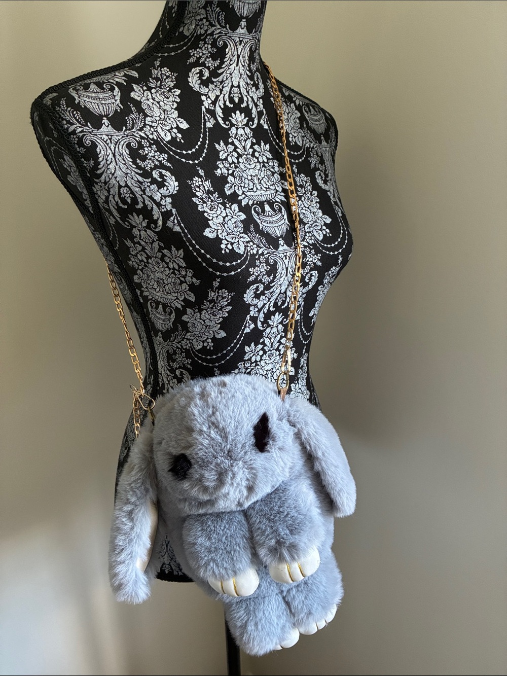 Gray Plush Bunny Crossbody Bag with Gold Chain